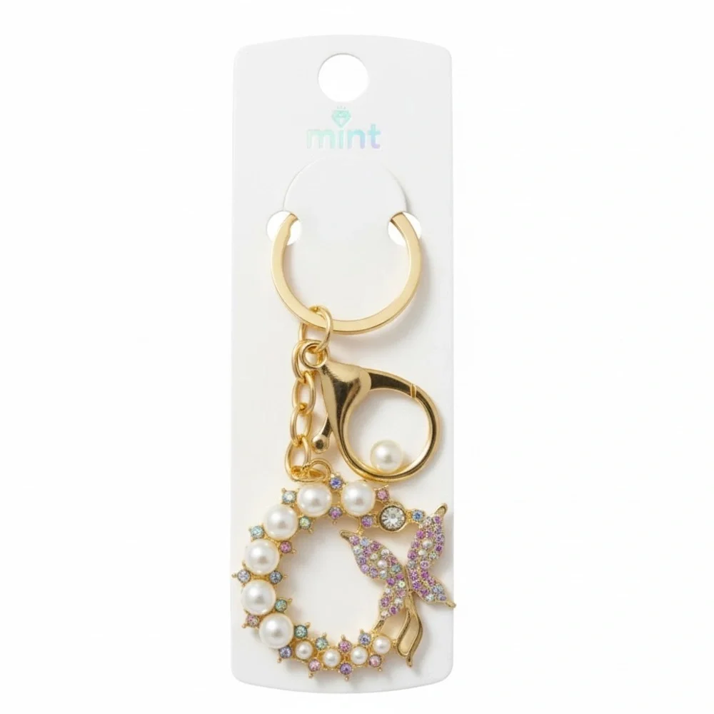 Faux Pearl & Rhinestone Butterfly Keychain, NIP